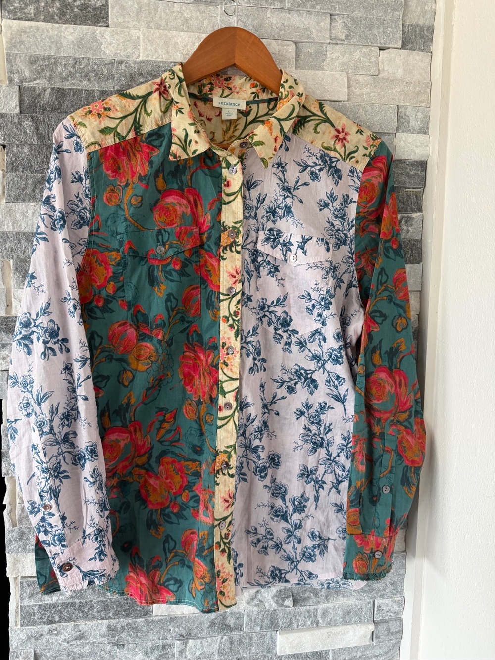 Women SUNDANCE Floral Patchwork Button Blouse Cotton Lightweight Boho-Large